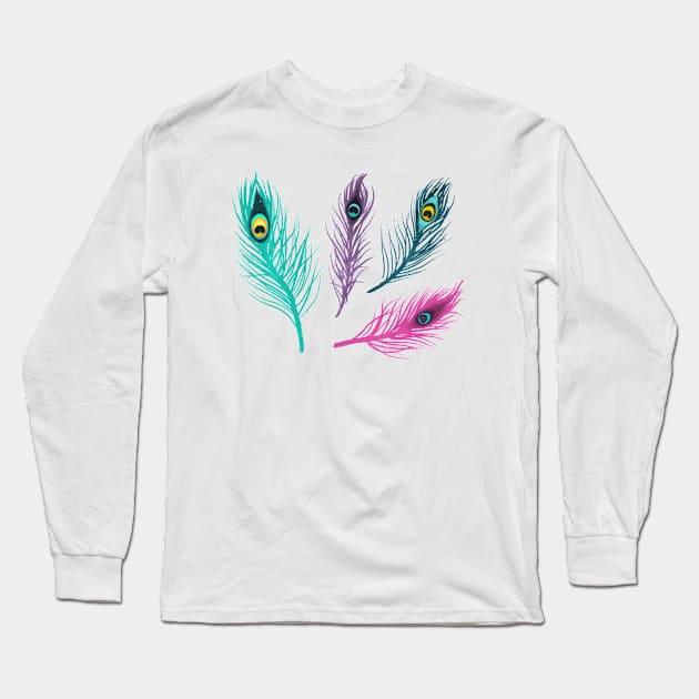 Peacock Feather Long Sleeve T-Shirt by Mako Design 